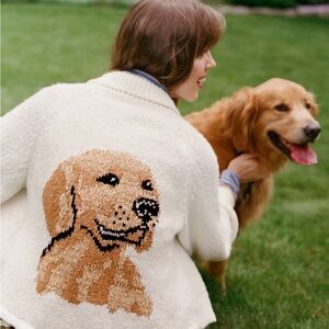 $188! Anthropologie The Jesse Dog Icon Cardigan Sweater Golden Retriever OS NWOT